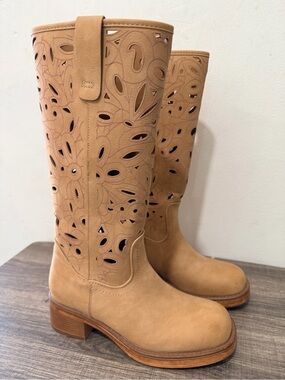 Tan boots with cut-out floral design size 6